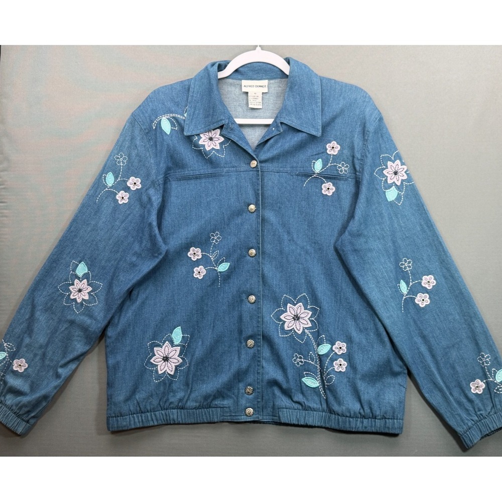 Alfred Dunner Embroidered Denim Jacket Blue Floral Stretch Button Up | Womens 10
